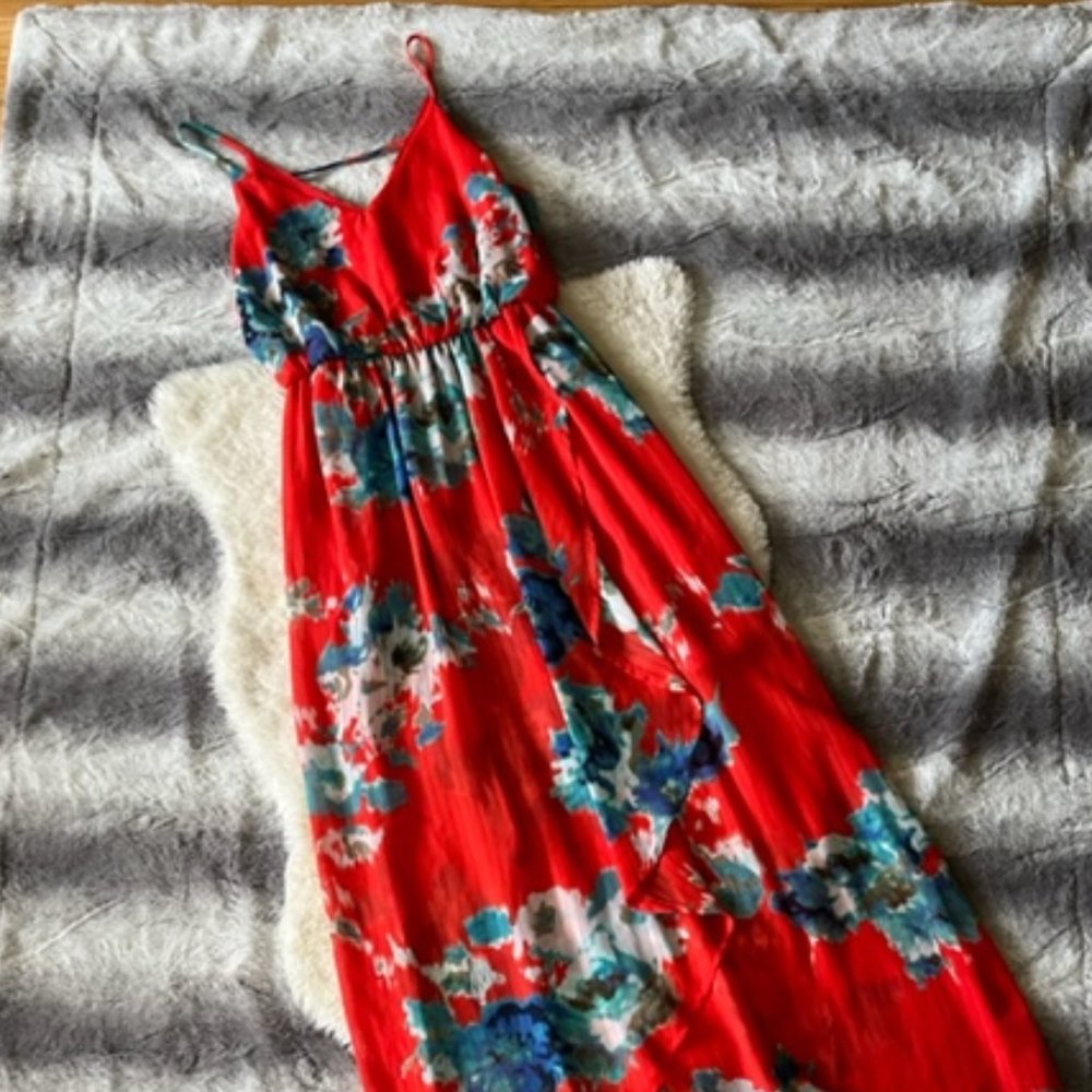 Sienna Sky Red Maxi Flowy Spaghetti Strap Dress with Watercolor Floral Detailing - Picture 5 of 5